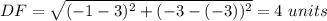 DF=\sqrt{(-1-3)^2+(-3-(-3))^2}=4\ units