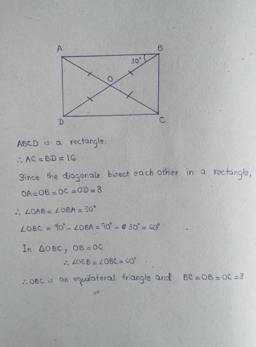 HELP ASAP

in rectangle ABCD the diagonals intersect each other at point O and mABD=30 degrees. find