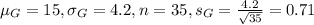 \mu_G = 15, \sigma_G = 4.2, n = 35, s_G = \frac{4.2}{\sqrt{35}} = 0.71