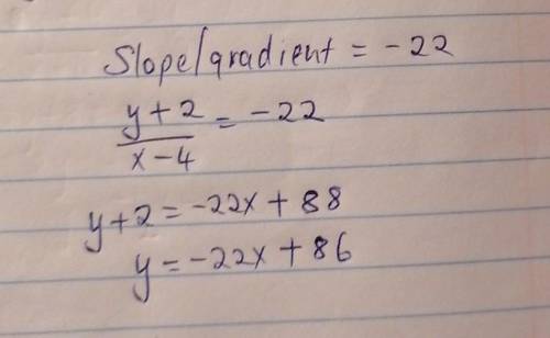 What is the equation of the line that passes through the point (4, -2) and has a
slope of -22