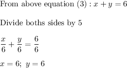 \text{From above equation (3)} : x + y = 6 \\ \\  \text{Divide boths sides by 5}  \\ \\  \dfrac{x}{6} + \dfrac{y}{6} = \dfrac{6}{6} \\ \\  x = 6; \ y = 6