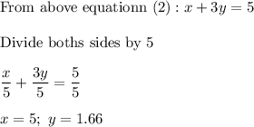 \text{From above equationn (2)} : x + 3y = 5 \\ \\  \text{Divide boths sides by 5}  \\ \\  \dfrac{x}{5} + \dfrac{3y}{5} = \dfrac{5}{5} \\ \\  x = 5; \ y = 1.66