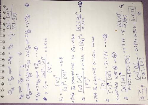 Calculate the value of the equilibrium constant, c, for the reaction

Q(g)+X(g)=2M(g)+N(g)
given tha