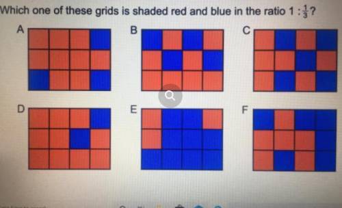 Which one of these grids is shaded red and blue in the ratio 0.5:1?

А
B
C
D
E
F