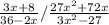 \frac{3x + 8}{36 - 2x} / \frac{27x^2 + 72x}{3x^2 - 27}