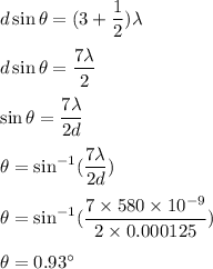 d\sin\theta=(3+\dfrac{1}{2})\lambda\\\\d\sin\theta=\dfrac{7\lambda}{2}\\\\\sin\theta=\dfrac{7\lambda}{2d}\\\\\theta=\sin^{-1}(\dfrac{7\lambda}{2d})\\\\\theta=\sin^{-1}(\dfrac{7\times 580\times 10^{-9}}{2\times 0.000125 })\\\\\theta=0.93^\circ}