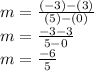 m =\frac{(-3)-(3)}{(5)-(0)} \\m = \frac{-3-3}{5-0}\\m = \frac{-6}{5}