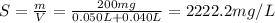 S = \frac{m}{V} = \frac{200 mg}{0.050 L + 0.040 L} = 2222.2 mg/L