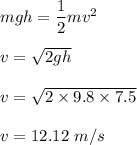 mgh=\dfrac{1}{2}mv^2\\\\v=\sqrt{2gh} \\\\v=\sqrt{2\times 9.8\times 7.5} \\\\v=12.12\ m/s