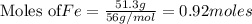 \text{Moles of} Fe=\frac{51.3g}{56g/mol}=0.92moles