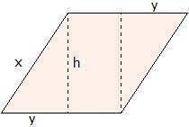 If x = 9 units, y = 3 units, and h = 8 units, find the area of the rhombus shown above using decompo