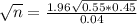 \sqrt{n} = \frac{1.96\sqrt{0.55*0.45}}{0.04}