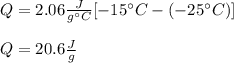 Q=2.06\frac{J}{g\°C}[-15\°C-(-25\°C)] \\\\Q=20.6\frac{J}{g}
