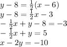 y-8=\frac{1}{2}(x-6)\\y-8 = \frac{1}{2} x-3\\-\frac{1}{2} x+y -8=-3\\-\frac{1}{2} x+y=5\\x -2y = -10