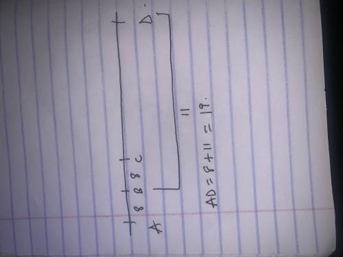 =

In the figure below, C is between A and D, and B is the midpoint of AC. If BD=11 and BC=8, find A