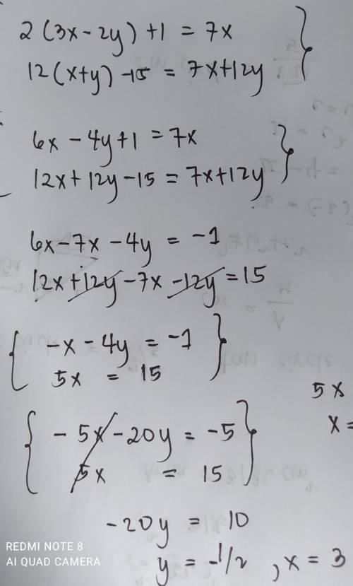 Solve the system of equations: {2(3x-2y)+1=7x, 12(x+y)-15=7x+12y