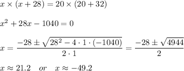x\times(x+ 28) = 20\times (20+32)\\\\x^2+28x-1040=0\\\\\ x=\dfrac{-28\pm\sqrt{28^2-4\cdot1\cdot(-1040)}}{2\cdot1}= \dfrac{-28\pm\sqrt{4944}}{2}\\\\x\approx21.2\quad or\quad x\approx-49.2