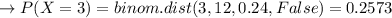\to P(X = 3) = binom.dist(3, 12, 0.24, False) = 0.2573