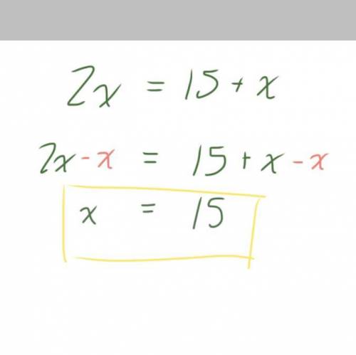 Solve for x.
2x = 15 + x
O X = 15/2
O x= -15/2
O x = 15
O x=-15