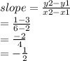 slope =  \frac{y2 - y1}{x2 - x1} \\   =  \frac{1 - 3}{6 - 2}  \\  =   \frac{ - 2}{4}  \\  =  -  \frac{1}{2}