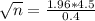 \sqrt{n} = \frac{1.96*4.5}{0.4}