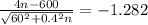 \frac{4n - 600}{\sqrt{60^2 + 0.4^2n} } = -1.282