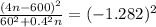 \frac{(4n - 600)^2}{60^2 + 0.4^2n} } = (-1.282)^2