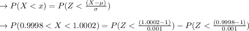 \to P(X < x) = P( Z < \frac{( X - \mu )}{\sigma} )\\\\\to P ( 0.9998 < X < 1.0002 ) = P ( Z < \frac{( 1.0002 - 1 )}{0.001}) - P ( Z < \frac{( 0.9998 - 1 )}{0.001})\\\\