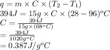q = m \times C \times (T_{2} - T_{1})\\394 J = 15 g \times C \times (28 - 96)^{o}C\\C = \frac{394 J}{15 g \times (68^{o}C)}\\= \frac{394 J}{1020 g^{o}C}\\= 0.387 J/g^{o}C