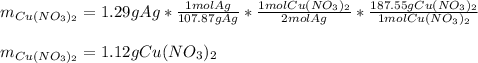 m_{Cu(NO_3)_2}=1.29gAg*\frac{1molAg}{107.87gAg}*\frac{1molCu(NO_3)_2}{2molAg}*\frac{187.55gCu(NO_3)_2}{1molCu(NO_3)_2}   \\\\m_{Cu(NO_3)_2}=1.12gCu(NO_3)_2