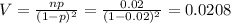 V = \frac{np}{(1-p)^2} = \frac{0.02}{(1-0.02)^2} = 0.0208