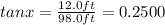 tanx=\frac{12.0ft}{98.0ft} =0.2500