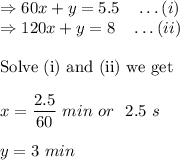 \Rightarrow 60x+y=5.5\quad \ldots(i)\\\Rightarrow 120x+y=8\quad \ldots(ii)\\\\\text{Solve (i) and (ii) we get}\\\\x=\dfrac{2.5}{60}\ min \ or\ \ 2.5\ s\\\\y=3\ min