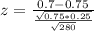 z = \frac{0.7 - 0.75}{\frac{\sqrt{0.75*0.25}}{\sqrt{280}}}
