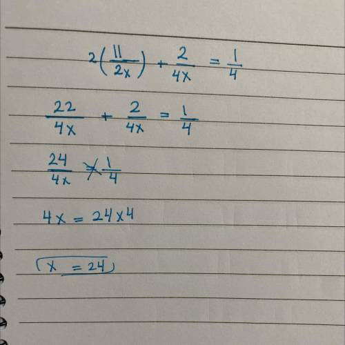 Solve each equation. State any extraneous solutions.11/2x + 2/4x = 1/4