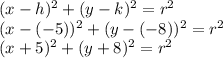 (x-h)^2+(y-k)^2=r^2\\(x-(-5))^2+(y-(-8))^2=r^2\\(x+5)^2+(y+8)^2=r^2