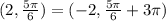 (2, \frac{5\pi}{6}) = (-2, \frac{5\pi}{6} + 3\pi)