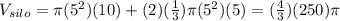 V_{silo} =\pi (5^2)(10)+(2)(\frac{1}{3})\pi (5^2)(5)=(\frac{4}{3})(250)\pi