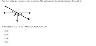 Two lines and a ray intersect to form five angles. The angles are numbered in the diagram 1 through