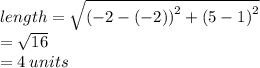length =  \sqrt{ {( - 2 - ( - 2))}^{2} +  {(5 - 1)}^{2}  }  \\  =  \sqrt{16}  \\  = 4 \: units