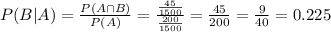 P(B|A) = \frac{P(A \cap B)}{P(A)} = \frac{\frac{45}{1500}}{\frac{200}{1500}} = \frac{45}{200} = \frac{9}{40} = 0.225