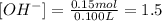 [OH^-]=\frac{0.15mol}{0.100L}=1.5