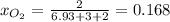 x_{O_2}=\frac{2}{6.93+3+2} =0.168