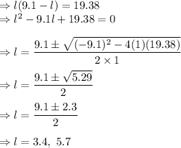 \Rightarrow l(9.1-l)=19.38\\\Rightarrow l^2-9.1l+19.38=0\\\\\Rightarrow l=\dfrac{9.1\pm\sqrt{(-9.1)^2-4(1)(19.38)}}{2\times 1}\\\\\Rightarrow l=\dfrac{9.1\pm\sqrt{5.29}}{2}\\\\\Rightarrow l=\dfrac{9.1\pm2.3}{2}\\\\\Rightarrow l=3.4,\ 5.7