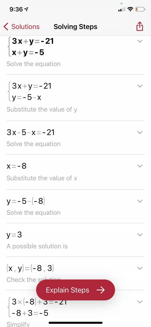 Solve algebraically:
3x + y = -21
x + y = -5