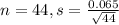 n = 44, s = \frac{0.065}{\sqrt{44}}