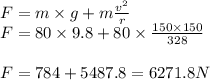 F =m \times g + m\frac{v^{2}}{r}\\F = 80\times9.8 +80\times \frac{150\times 150}{328}\\\\F =784 + 5487.8 = 6271.8 N
