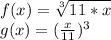 f(x) = \sqrt[3]{11*x} \\g(x) = (\frac{x}{11} )^3