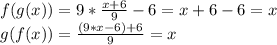 f(g(x)) = 9*\frac{x + 6}{9}  - 6 = x + 6 - 6 = x\\g(f(x)) = \frac{(9*x - 6) + 6}{9}  = x