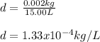 d=\frac{0.002kg}{15.00L}\\\\d=1.33x10^{-4}kg/L